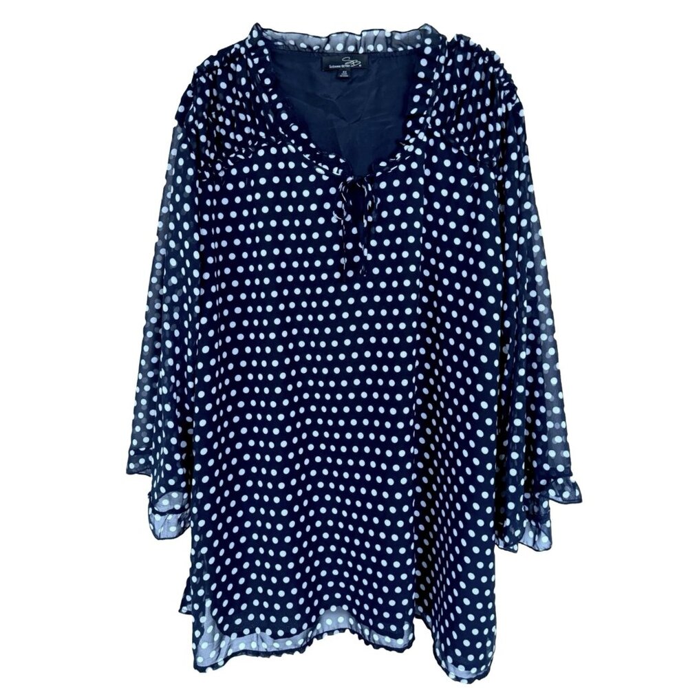 Suzanne Betro 4X NAVY White Polka Dot Ruffle Neck 3/4 Sleeve Top Tunic Blouse